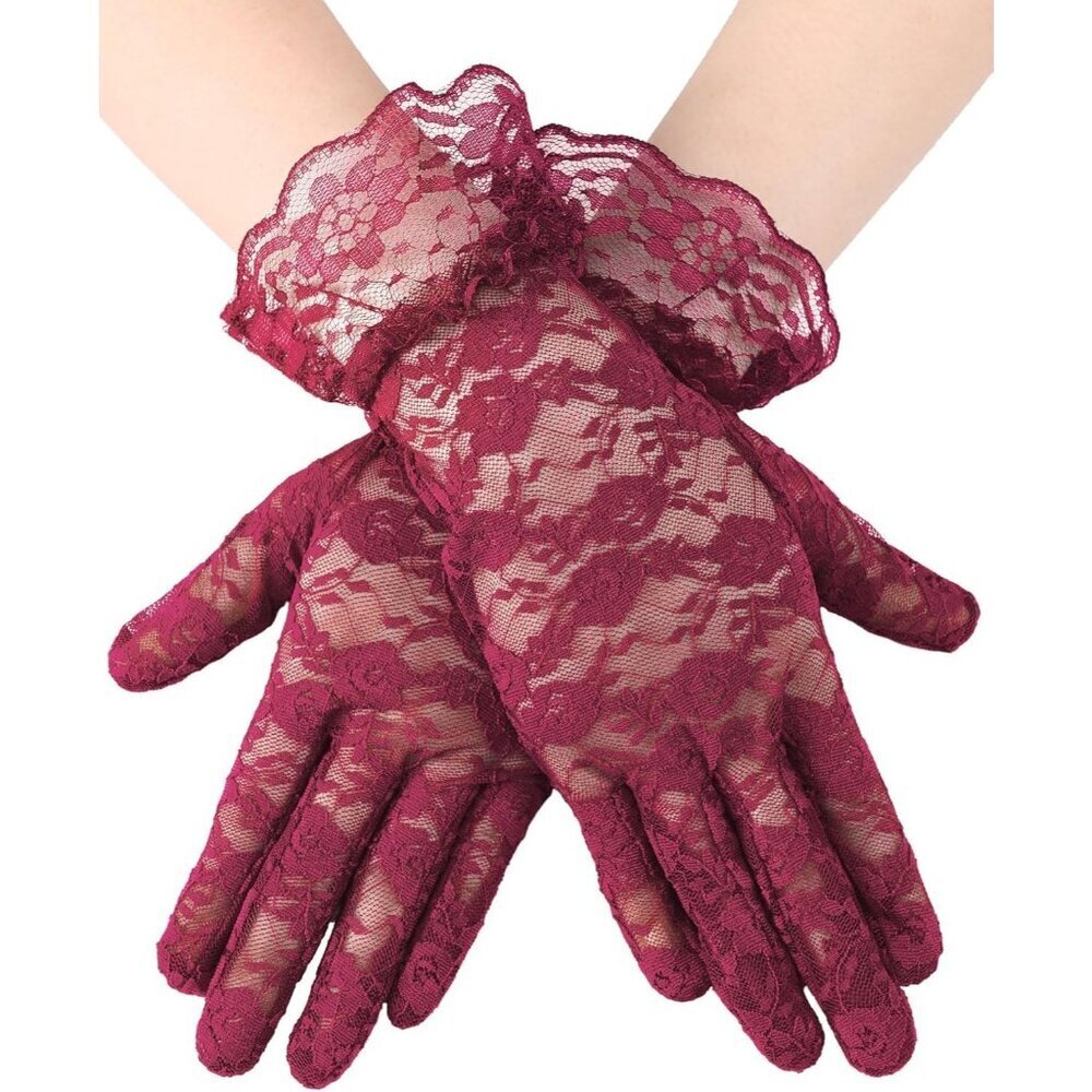 Women's Short Lace Courtesy Elegant Gloves Burgundy Wedding Dinner Opera Parties